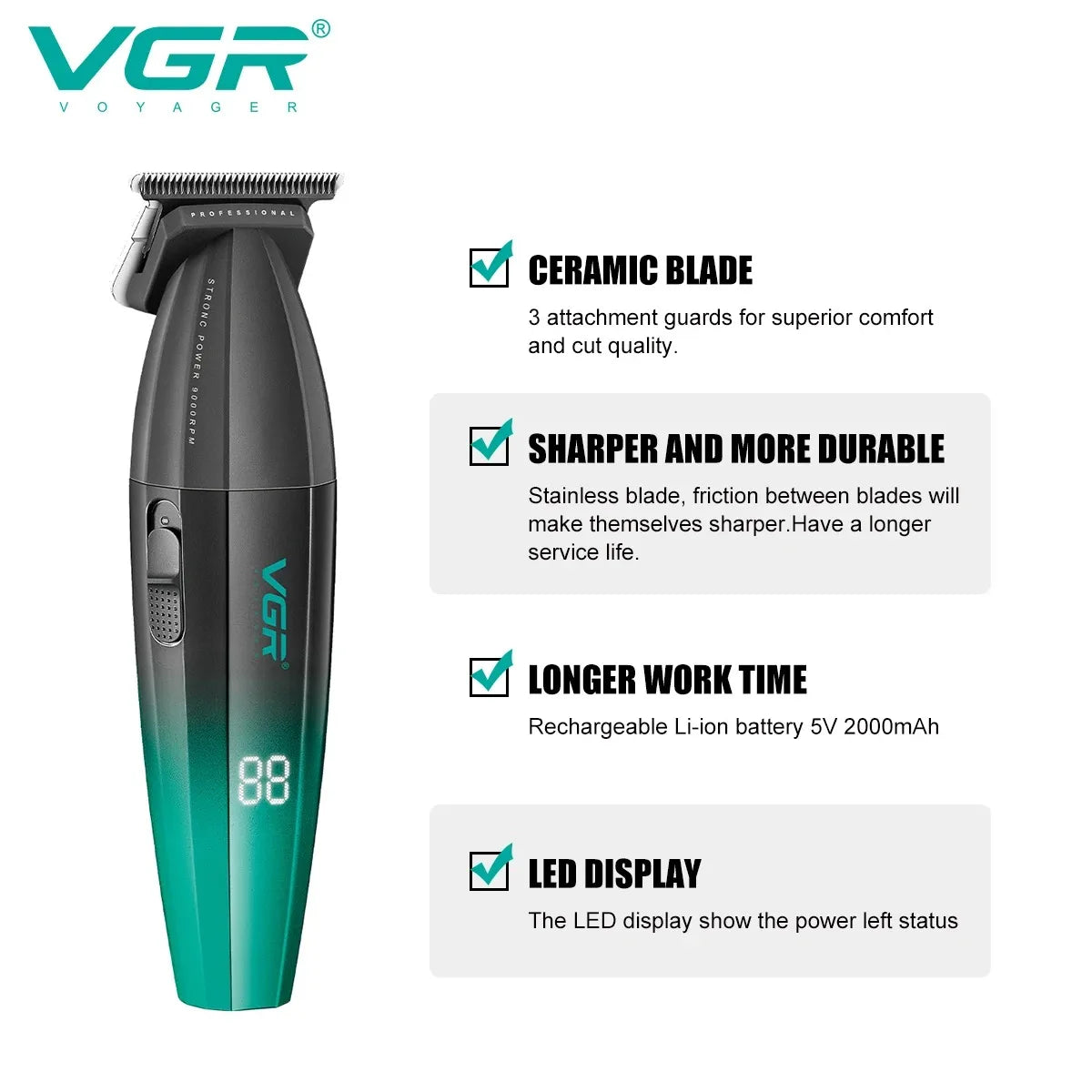 VGR Professional Cordless Hair Trimmer – Electric Metal Clipper for Men (V-003/V-906/V-308)