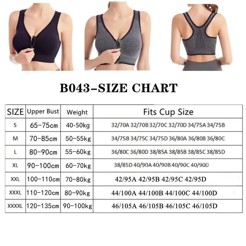 Fitness Sports Bra – Front Zipper, Shockproof, Breathable, Seamless, Wireless