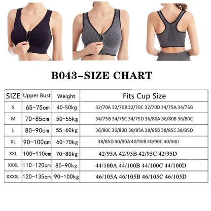Fitness Sports Bra – Front Zipper, Shockproof, Breathable, Seamless, Wireless