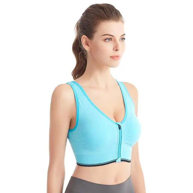 Fitness Sports Bra – Front Zipper, Shockproof, Breathable, Seamless, Wireless