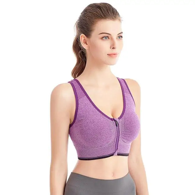 Fitness Sports Bra – Front Zipper, Shockproof, Breathable, Seamless, Wireless